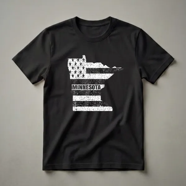 Black and white distressed graphic of the Minnesota state outline filled with the American flag pattern and the word MINNESOTA printed across it.