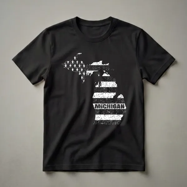 Black t-shirt featuring the outline of Michigan filled with a distressed American flag design, including stars and stripes, with the word MICHIGAN printed across the stripes.