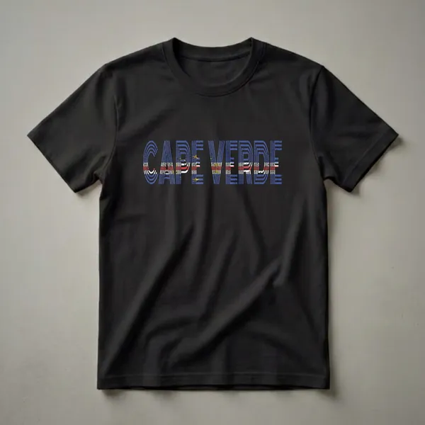 Black t-shirt with the words CAPE VERDE in distressed, retro-style lettering filled with the Cape Verdean national flag pattern.