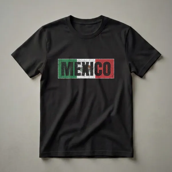 A distressed graphic t-shirt featuring the Mexican flag with the word MEXICO in bold black letters overlaid.