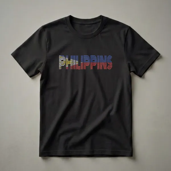 Black t-shirt with the word PHILIPPINES in a retro font, filled with the blue, red, and white colors of the Philippine flag, including the sun and stars.