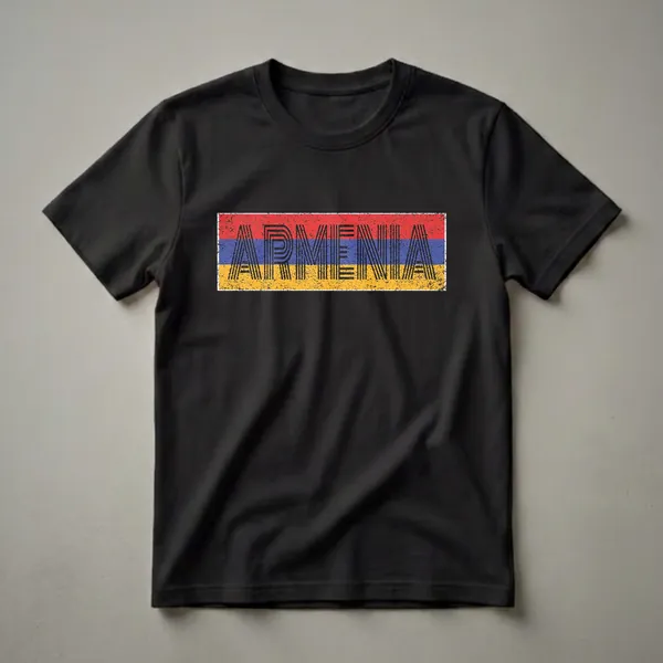 A distressed graphic t-shirt featuring the Armenian flag colors with the word 'ARMENIA' in a stylized, bold font.