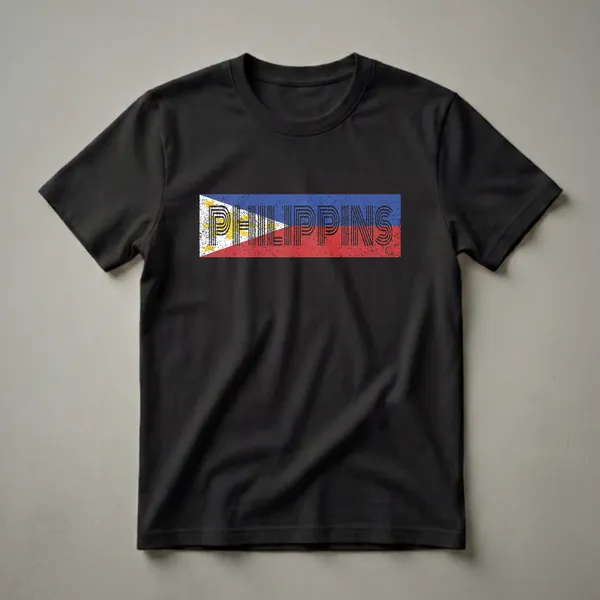 A distressed graphic t-shirt featuring the flag of the Philippines with the word PHILIPPINES in a retro font.