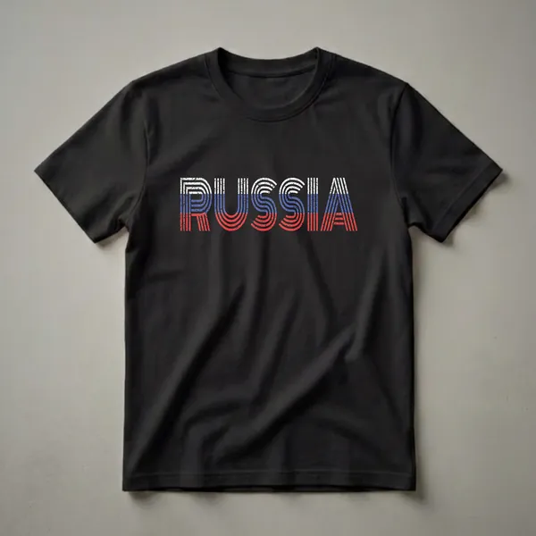 Black t-shirt with the word RUSSIA in distressed, retro lettering filled with the white, blue, and red stripes of the Russian flag.