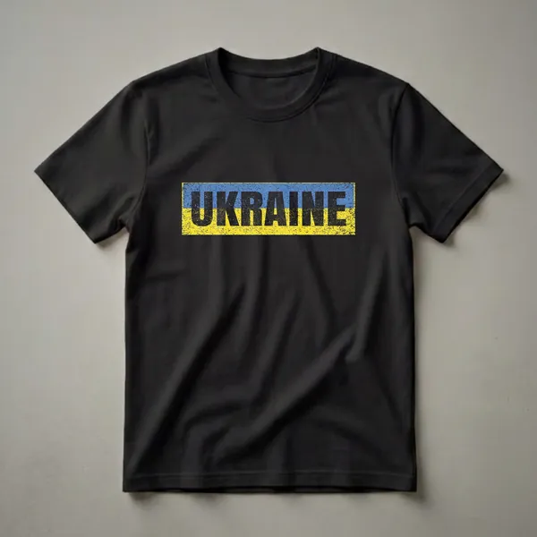 A black t-shirt with the word UKRAINE in distressed black letters over a distressed blue and yellow horizontal band representing the Ukrainian flag.