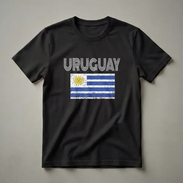 Black t-shirt featuring the word URUGUAY in distressed white striped letters above a distressed Uruguayan flag with blue and white stripes and a yellow sun emblem.