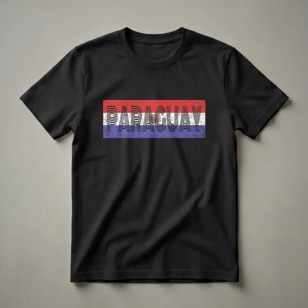 A black t-shirt featuring the word 'PARAGUAY' in a distressed, retro font overlaid on the horizontal stripes of the Paraguayan flag, with the national coat of arms visible.