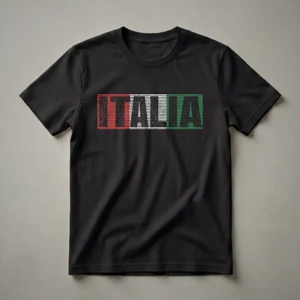 Black t-shirt with the word ITALIA in distressed black letters, filled with the red, white, and green stripes of the Italian flag.