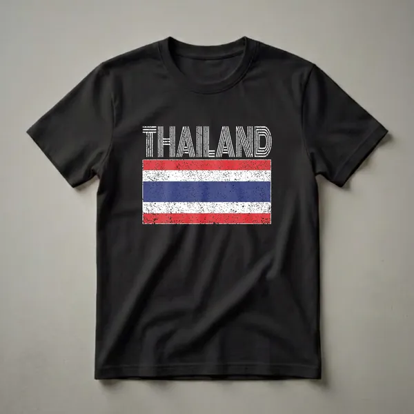 Black t-shirt featuring the distressed Thai national flag with horizontal stripes of red, white, and blue, and the word THAILAND in distressed white lettering above the flag.