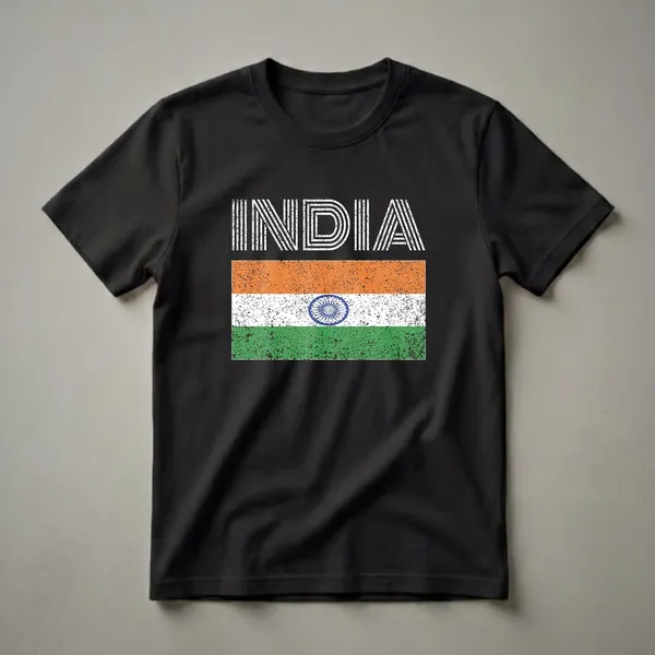 Black t-shirt with the word INDIA in distressed white lettering above a distressed Indian national flag with saffron, white, and green stripes and a blue Ashoka Chakra.