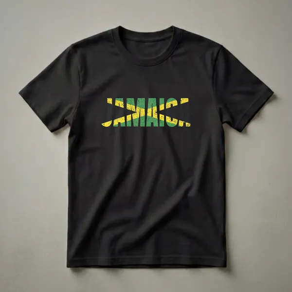 Black t-shirt with the word JAMAICA in distressed letters filled with the Jamaican flag colors of green, yellow, and black.