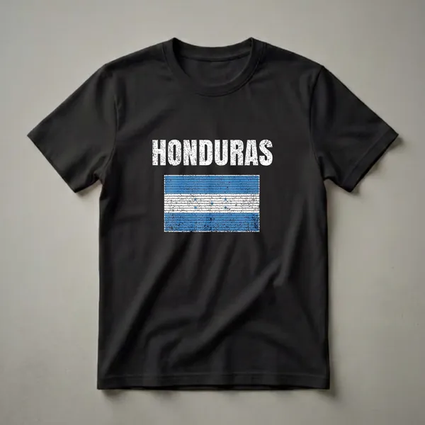 Black t-shirt featuring the word HONDURAS in distressed white lettering above a distressed vintage Honduran flag with blue and white stripes and five blue stars.