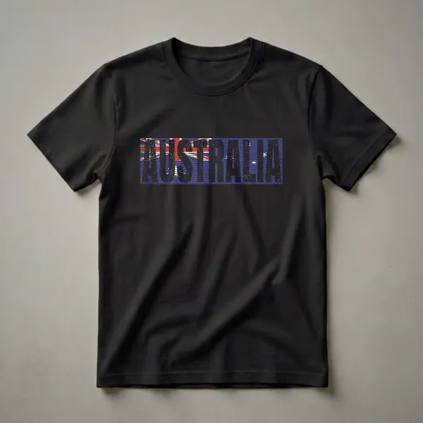 Black distressed graphic t-shirt featuring the word AUSTRALIA overlaid on the Australian flag, showcasing the blue background, Union Jack, and white stars.