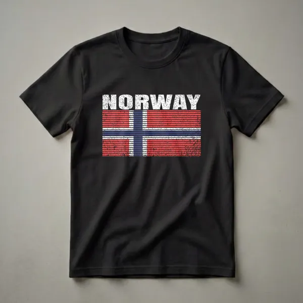 White distressed text 'NORWAY' above a distressed Norwegian flag graphic featuring red, white, and blue colors.