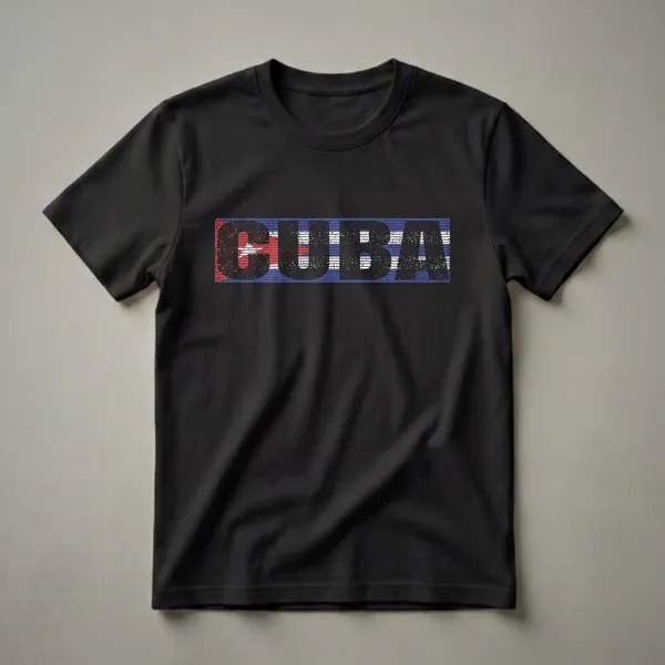 Black t-shirt with the word CUBA in distressed black letters, with the Cuban flag colors and pattern filling the letters.
