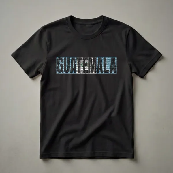 Black distressed graphic t-shirt featuring the word GUATEMALA with the Guatemalan flag and coat of arms integrated into the lettering.