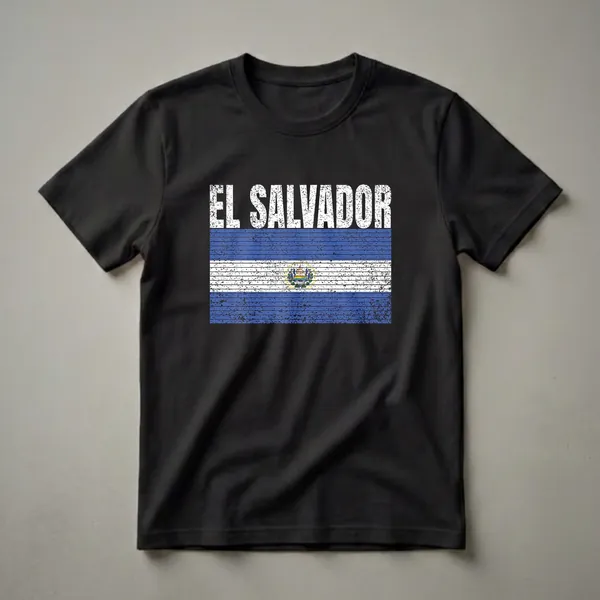 Black t-shirt featuring the distressed El Salvador national flag with the words 'EL SALVADOR' in white distressed lettering above it.