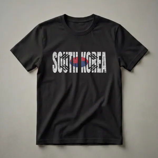 Black t-shirt with distressed white text 'SOUTH KOREA' and the South Korean flag integrated into the word 'KOREA'.