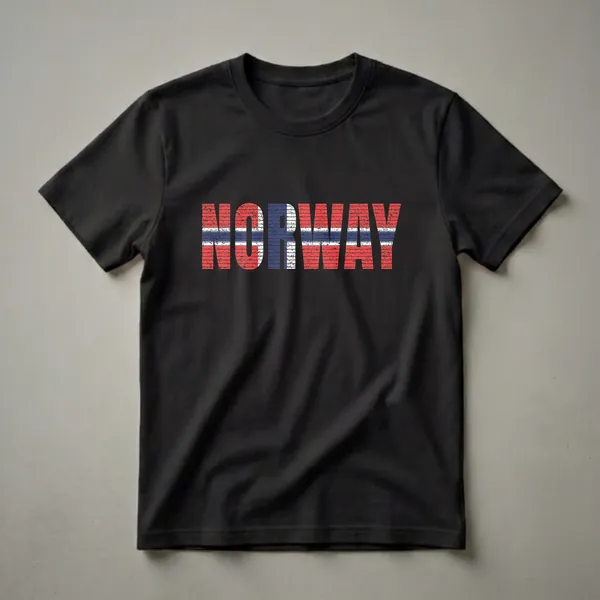 Black t-shirt with the word NORWAY in large, distressed letters filled with the red, white, and blue colors of the Norwegian flag.