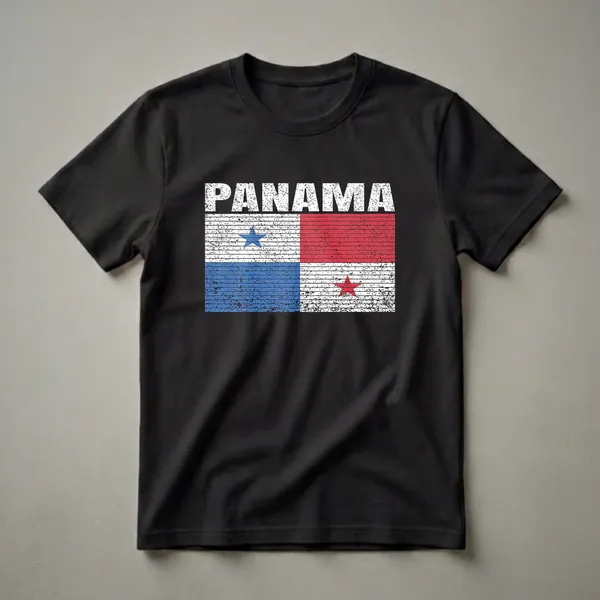 White distressed graphic t-shirt featuring the Panamanian flag with the word PANAMA in distressed white letters above it.