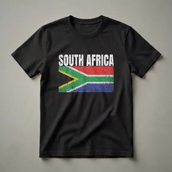 White distressed text 'SOUTH AFRICA' above a distressed graphic of the South African flag with its red, green, yellow, black, white, and blue colors.