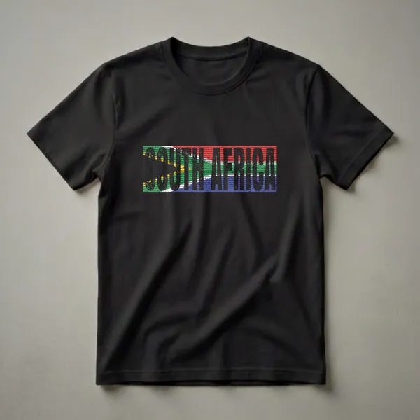Black graphic t-shirt with the words 'SOUTH AFRICA' in distressed black font, overlaid on the South African flag with its distinct red, green, blue, black, white, and yellow colors.