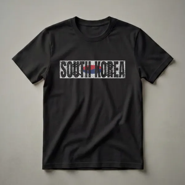 Black distressed graphic t-shirt with the words 'SOUTH KOREA' in large font, filled with the red, white, and blue colors of the South Korean flag.
