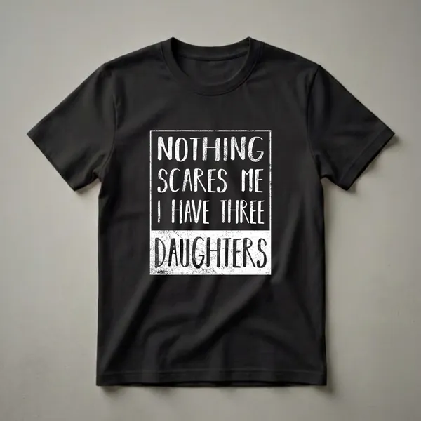Black t-shirt with white distressed text that reads 'NOTHING SCARES ME I HAVE THREE DAUGHTERS' inside a distressed white border.