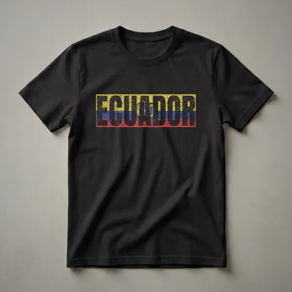 Black distressed text 'ECUADOR' with the Ecuadorian flag colors and coat of arms visible within the letters, on a black t-shirt.