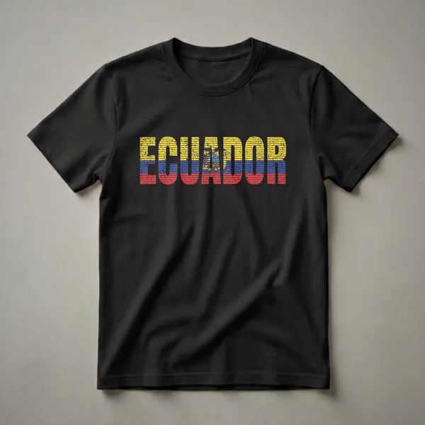 Black t-shirt with the word ECUADOR in distressed yellow, blue, and red stripes, featuring the Ecuadorian coat of arms in the center.
