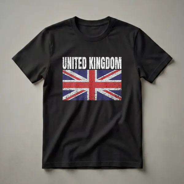 Black t-shirt featuring a distressed Union Jack flag with the words 'UNITED KINGDOM' in distressed white lettering above.