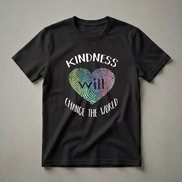Black t-shirt with a colorful heart-shaped fingerprint graphic and white text that reads 'KINDNESS WILL CHANGE THE WORLD'.