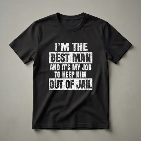 Black t-shirt with distressed white text that reads 'I'M THE BEST MAN AND IT'S MY JOB TO KEEP HIM OUT OF JAIL'.