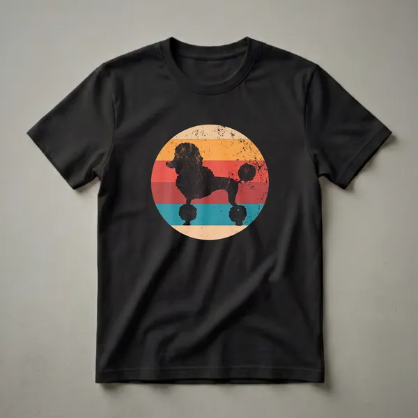 Black poodle silhouette against a vintage sunset with horizontal stripes of cream, orange, red, and teal, on a black t-shirt.