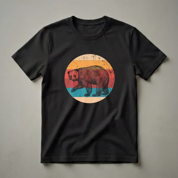 Black t-shirt with a vintage grizzly bear graphic inside a circular sunset with horizontal stripes in cream, orange, and red.