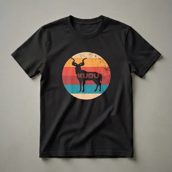 Black silhouette of a kudu antelope with the word KUDU across its body, set against a distressed circular retro sunset background with cream, orange, red, and teal stripes.