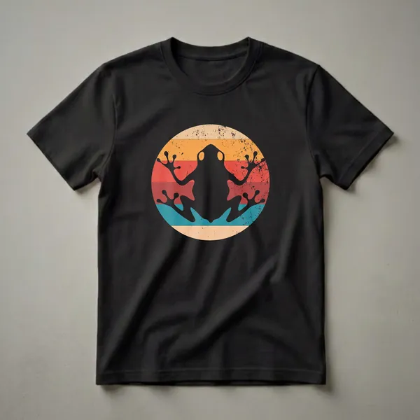Black silhouette of a frog against a circular background with distressed retro stripes in orange, red, and teal.