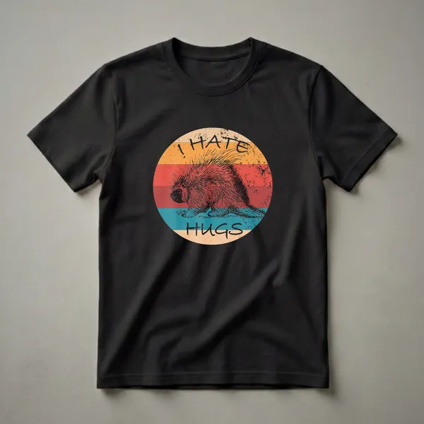 A vintage graphic t-shirt featuring a porcupine illustration with the text "I HATE HUGS" against a retro sunset background with horizontal stripes.