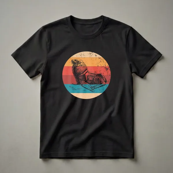 A vintage graphic t-shirt featuring a black and red line drawing of a walrus against a circular background of horizontal cream, orange, red, and teal stripes.