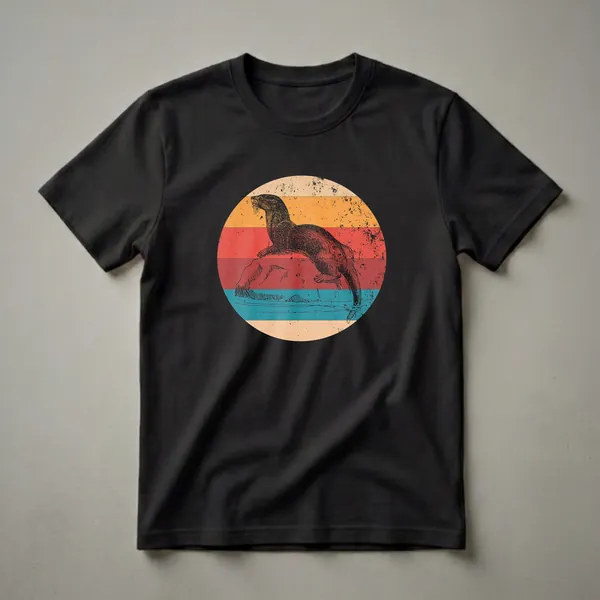 A vintage-style graphic t-shirt featuring a black sketch of an otter on a rock, set against a circular retro sunset with horizontal stripes and a distressed texture.