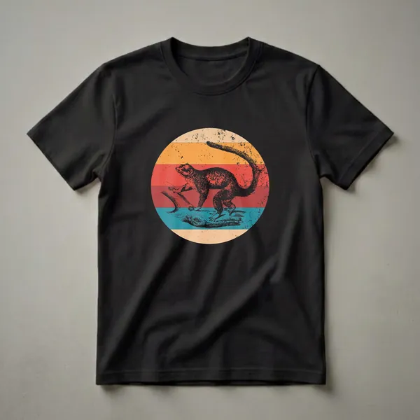 Black silhouette of a mongoose on a branch against a retro sunset with orange, red, and teal stripes, on a t-shirt.