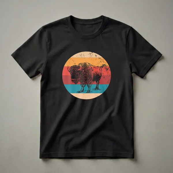 Black and red vintage bison drawing within a distressed sunset-colored striped circle on a black t-shirt.