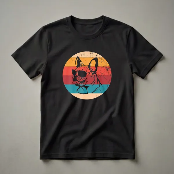 Black silhouette of a French Bulldog wearing sunglasses, set against a vintage retro sunset with horizontal stripes in cream, orange, red, and teal.