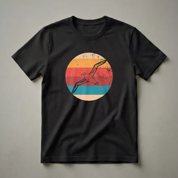 Black graphic t-shirt featuring a vintage sketch of an albatross in flight against a circular background with horizontal stripes in cream, orange, red, and teal, with a distressed texture.