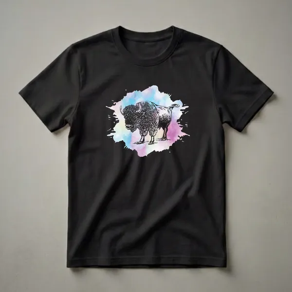 Black t-shirt with a detailed ink sketch of a bellowing bison standing against a loose watercolor splash of blue, pink, and purple.