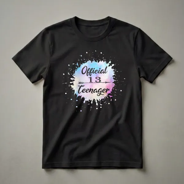 Black t-shirt with a colorful watercolor splash graphic in blue, pink, and yellow, featuring the text 'Official 13 Teenager' in distressed black font.