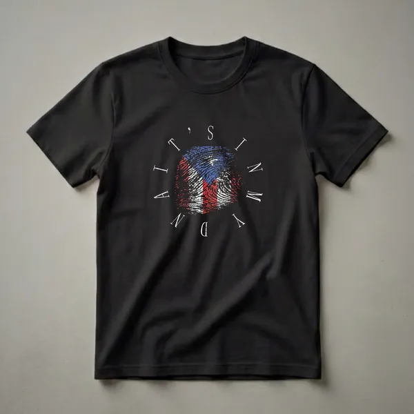 Black t-shirt with a fingerprint graphic filled with the red, white, and blue colors of the Puerto Rican flag, surrounded by white text.