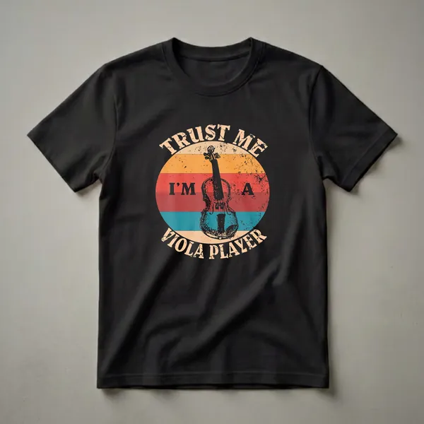 Black t-shirt with a vintage graphic of a viola against a sunset-striped circle, with the text 'Trust Me I'm A Viola Player'.