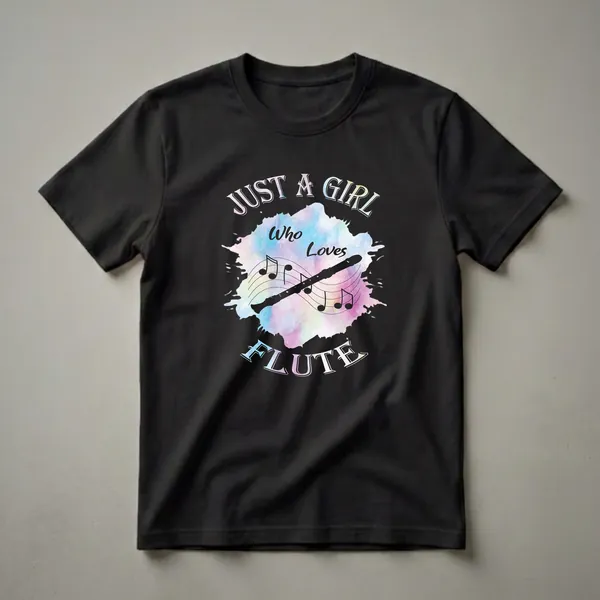 Black graphic t-shirt featuring a silhouette of a flute with musical notes on a colorful pink, blue, and yellow watercolor background, with the text 'Just A Girl Who Loves Flute'.