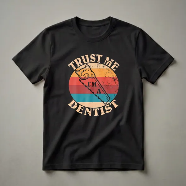 Black t-shirt with a retro graphic featuring a handsaw and the text 'TRUST ME I'M A DENTIST' within a distressed, striped circle.